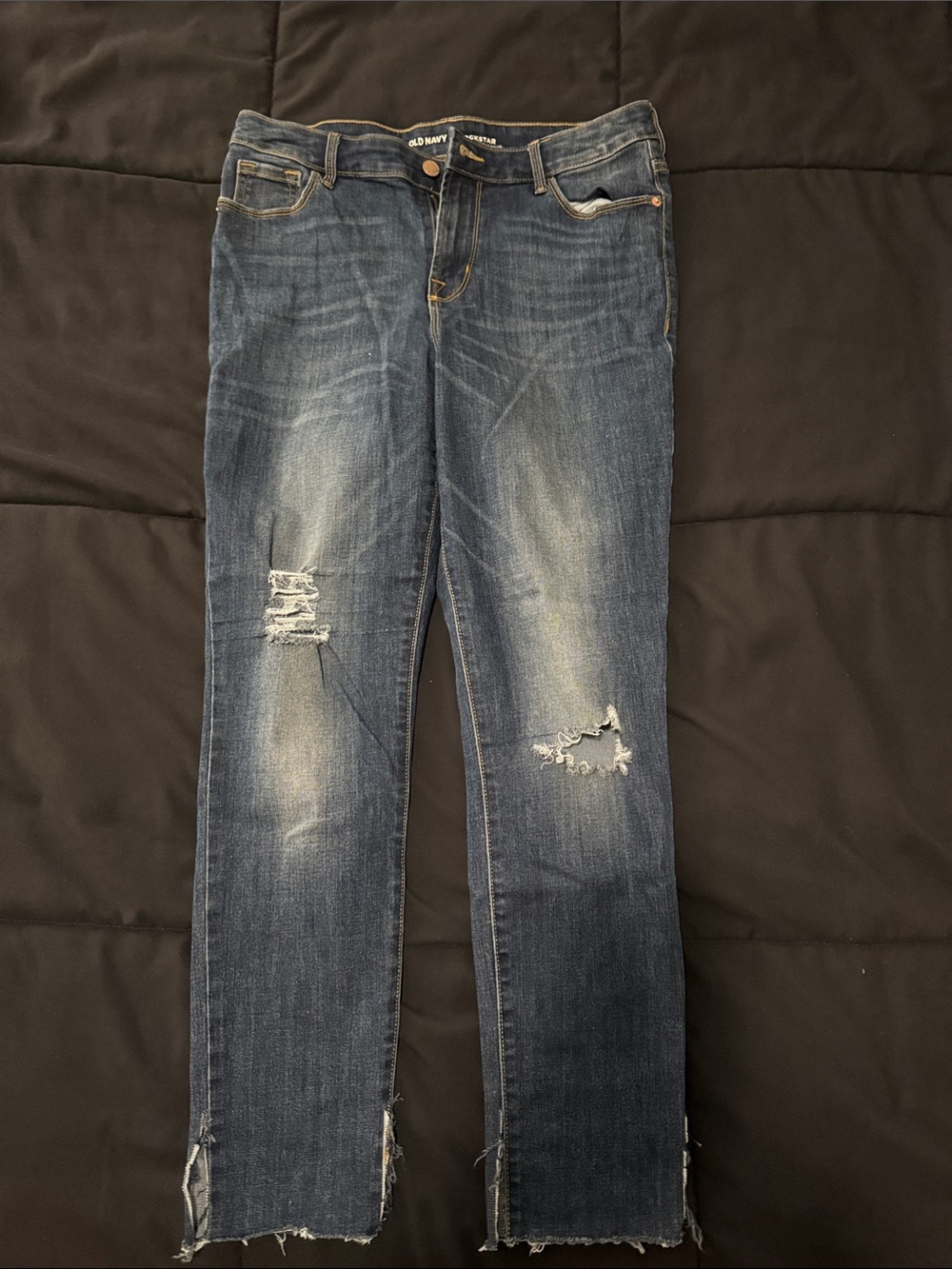 Old Navy Women's Dark Blue Straight-Leg Jeans with Distressed Details size 10